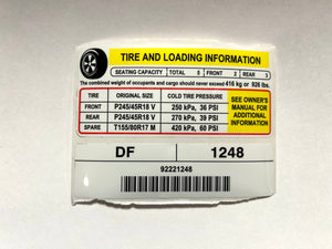 G8 18" Tire Pressure Label